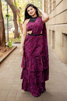 Wine pre-draped saree with all over floral print and ruffle details. Paired with a printed padded blouse with hand embroidery on neckline. - Aza Fashions Ruffle Sarees, Draped Saree, Ruffle Saree, Padded Blouse, Drape Saree, Buy Wine, Mirror Work, Saree With Blouse, Printed Sarees