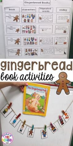 the gingerbread book activities are displayed in front of a white board with pictures on it