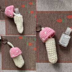 three crocheted keychains with pink and white items attached to them