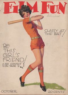 an old fashion magazine cover with a woman holding a baseball bat in her right hand