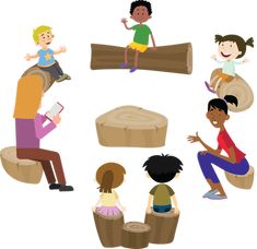 children sitting on logs and talking to each other in different positions, with one person holding a phone