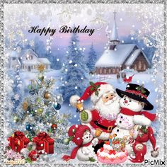 a happy birthday card with santa and snowmen in front of a snowy christmas tree