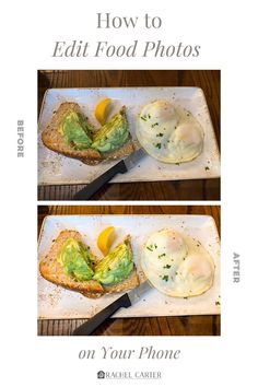 two pictures showing how to make an egg and avocado sandwich on your phone