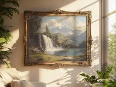 a painting hanging on the wall above a couch in front of a window with potted plants