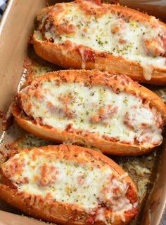 baked bread with cheese and sauce in a baking dish