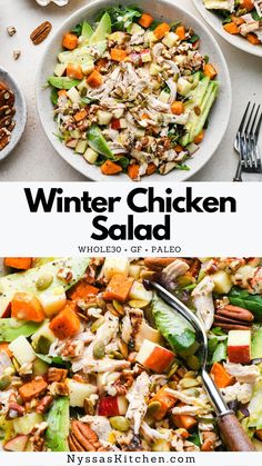 a salad with chicken, carrots and other vegetables