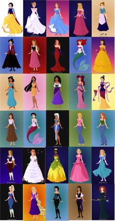 the disney princesses are all different colors