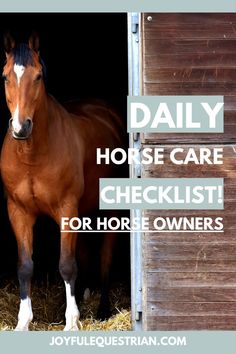 a brown horse standing inside of a barn with the words daily horse care checklist for horse owners