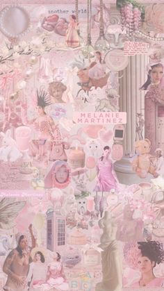 a collage of pink and white images with teddy bears, angels, princesses