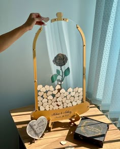 a person is holding a rose in front of a glass case with rocks and stones inside