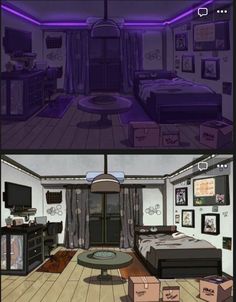 two different views of a bedroom and living room in an animated style with purple lighting