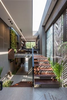 the stairs are made of wood and have plants growing on them in front of glass doors