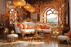 a living room filled with lots of gold furniture and orange pillows on top of it