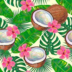 seamless tropical pattern with coconuts and flowers