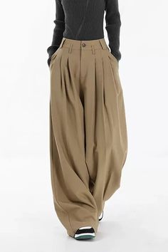 Fibflx Women's One-Button Loose Pleated Wide-Leg Pants Pleated Wide-leg Pants, Baggy High Waist Khaki Wide Leg Pants, High Waist Pleated Bottoms With Loosely Fitted Hips, Baggy Wide Leg Khaki Pants, Baggy Wide Leg Khaki Bottoms, Baggy High-waisted Pleated Bottoms, Solid Pleated High-waisted Pants, Chic Full Length Khaki Wide Leg Pants, Pleated Wide Leg Bottoms For Fall