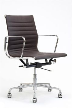 a brown office chair with chrome frame and leather upholstered seat, viewed from the front