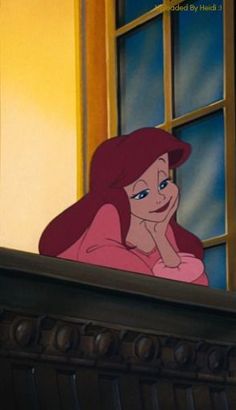 ariel from the little mermaid with her hand on her chin looking out an open window