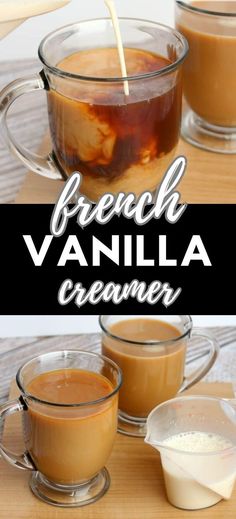 Collage of French vanilla coffee cream being poured into mud of coffee at top and two mugs of coffee with French vanilla creamer at bottom. Homemade French Vanilla Coffee Creamer, Natural Coffee Creamer, French Vanilla Coffee Creamer, Homemade Coffee Creamer Recipe, Sweet Cup, French Vanilla Creamer, Vanilla Coffee Creamer, Flavored Coffee Creamer, Homemade Coffee Creamer