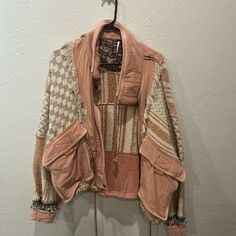 Relaxed Fit, Distressed Fp Jacket. Worn A Few Times. Perfect Condition. Pockets, Zip Up, Button Up, And Drawstrings To Make It Fit How You Like. Pink Patchwork Outerwear For Fall, Pink Bohemian Cotton Outerwear, Bohemian Pink Outerwear With Pockets, Pink Bohemian Outerwear With Pockets, Fitted Pink Outerwear For Layering, Reworked Sweater, Sugar Rose, Free People Boho, Boho Jacket