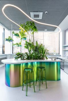 an indoor kitchen with green plants on the counter and two stools in front of it