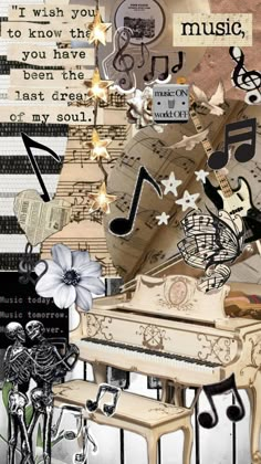 an artistic collage with musical notes and piano