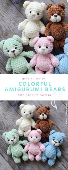 several crocheted teddy bears sitting next to each other on a wooden floor with text overlay that reads, colorful amigurmi bears free crochet pattern