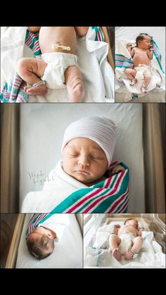 a collage of photos showing newborn babies in their cribs and sleeping on blankets