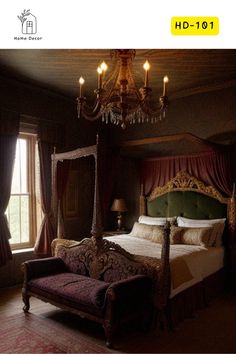 a bedroom with a canopy bed and chandelier