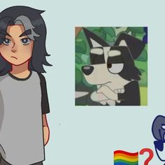 a drawing of a girl with black hair and grey shirt next to a painting of a wolf