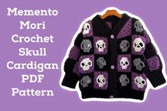 a crochet skull cardigan is shown with the text, mementoo mori crochet skull cardigan pattern