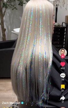 Led Hair Lights, Creative Bleached Hair, Blonde Hair With Colorful Highlights, Blonde With Rainbow Highlights, Glitter Highlights Hair, Tinsel Hair Blonde, Blonde Hair With Tinsel, Cool Colored Hair, Blonde Mermaid Hair