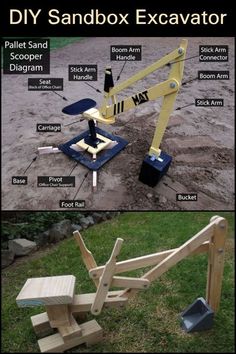 the diy sandbox excavator is shown with instructions to build it