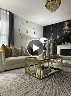 a living room filled with furniture and a chandelier