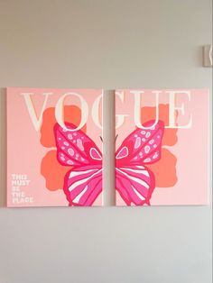 two pink butterfly paintings on the wall next to each other