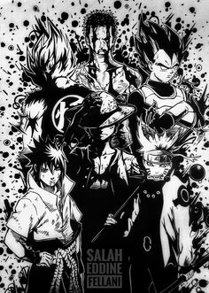 an image of some anime characters in black and white