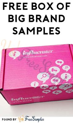 a pink box with the words free box of big brand samples on it and an image of