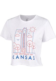 Let everyone know who you root for in this Kansas Jayhawks White Landmark Short Sleeve T-Shirt! This KU Jayhawks Short Sleeve Tee features a center front screen print team landmark. Cropped short sleeve, Raw hem, 65% Polyester/35% Cotton, 4 White Short Sleeve Cropped T-shirt With Graphic Print, White Cropped T-shirt With Graphic Print, White Cropped T-shirt With Graphic Print Short Sleeve, Summer Screen Print Cropped T-shirt, Summer Cropped T-shirt With Screen Print, Short Sleeve Cropped T-shirt With Screen Print, Pre-shrunk Graphic Tee Cropped T-shirt With Short Sleeves, Cropped Short Sleeve T-shirt With Screen Print For Spring, Spring Cropped T-shirt With Screen Print