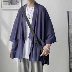 Men's Japanese Style Kimono Cardigan | Eiyo Kimono Japanese Outfits Casual, Mens Kimono Shirt, Mode Harajuku, Three Quarter Sleeve Shirt, Modern Kimono, Shoulder Cape, Cape Jacket, Cardigan Casual, Cotton Kimono