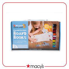 the cardboard board book is packed with markers and crayons for children to draw