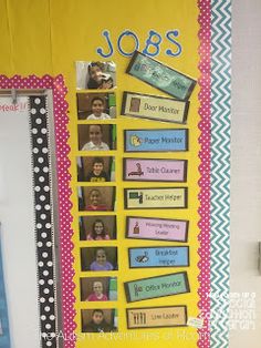 a bulletin board with pictures on it and the words jobs written in blue, yellow and pink