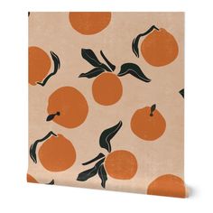 an orange pattern on a beige background with black leaves and fruit in the foreground