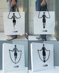 four pictures of a man holding a white bag with the words xm on it