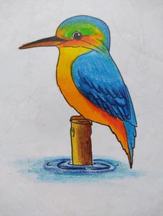 a drawing of a colorful bird sitting on top of a wooden post in the water