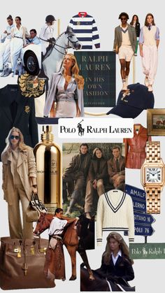 the collage shows many different types of clothing and accessories, including hats, coats, polo shirts, pants, shoes, purses