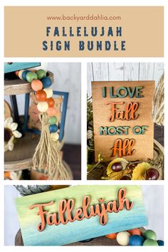 the fall sign bundle includes handmade wood signs, pumpkins and other autumn decorations