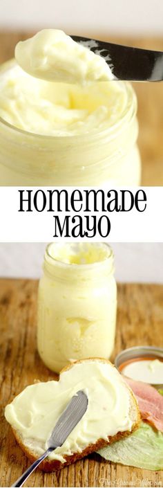 homemade mayo in a jar with a spoon on the side and an image of bread