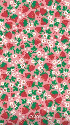 a pink background with strawberries and daisies