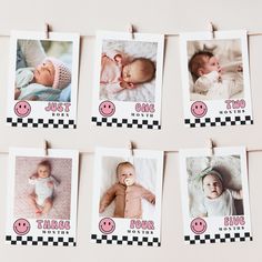 baby pictures hanging on clothes pins with pink and black checkerboard background, including two babies