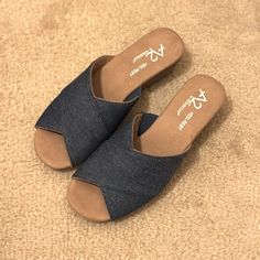 Questions? Leave A Comment Below! Casual Denim Sandals With Removable Insole, Casual Denim Open Toe Wedge Sandals, Spring Denim Open Toe Wedge Sandals, Casual Denim Wedge Sandals With Open Toe, Casual Slip-on Wedge Sandals Medium Width, Casual Denim Wedge Sandals For Spring, Spring Denim Wedge Sandals, Spring Denim Wedge Heel Sandals, Denim Wedge Heel Sandals For Spring