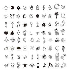 a large collection of tattoo designs and symbols on a white background, including stars, sun, moon, heart, cross, skull, eye, palm tree,